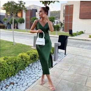 Zara  Satin Effect Draped Ruched Midi Camisole Slip Dress Dark Green Medium